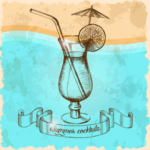 玻璃伞鸡尾酒一张海报与夏季鸡尾酒与稻草, 伞和石灰.图形的绘图照片