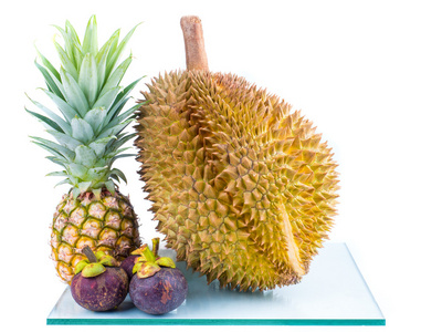 榴莲山竹热带水果, 菠萝榴莲和山竹果放在一起照片