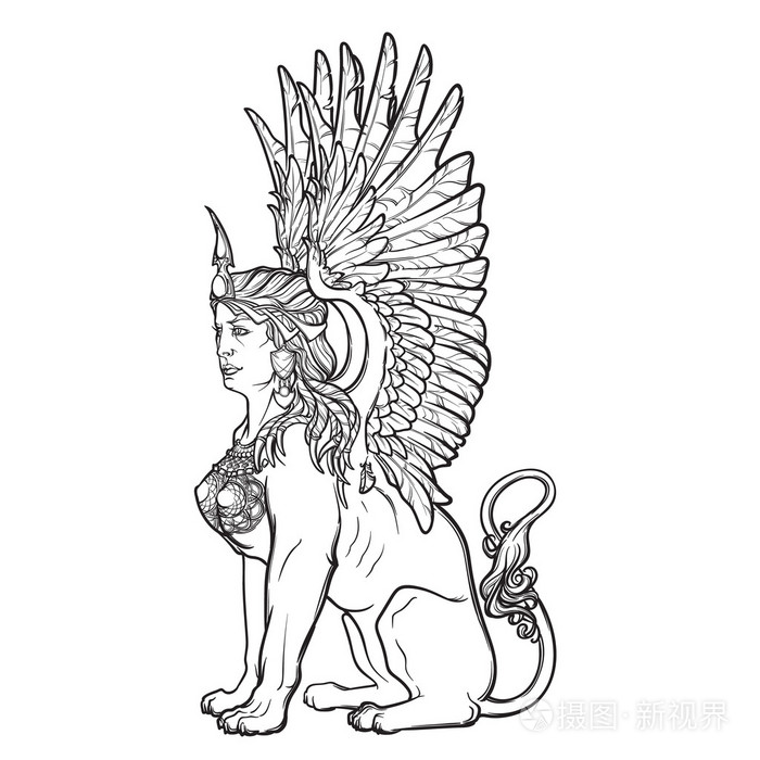 坐在狮身人面像孤立的白色背景上的素描