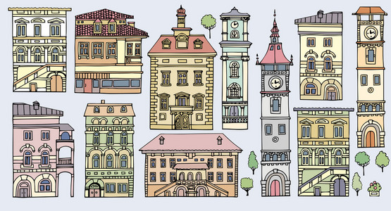 一套不同颜色和形状的旧房子. 杂色的正面照片