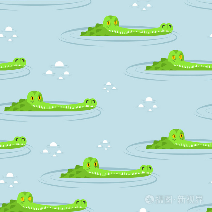 鳄鱼在水中的无缝图案沼泽中的大型鳄鱼或
