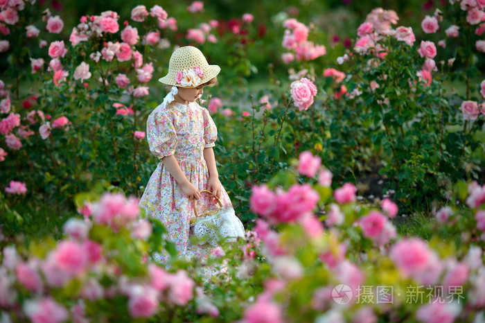 一篮子和一顶帽子 p 玫瑰盛开快乐的小女孩