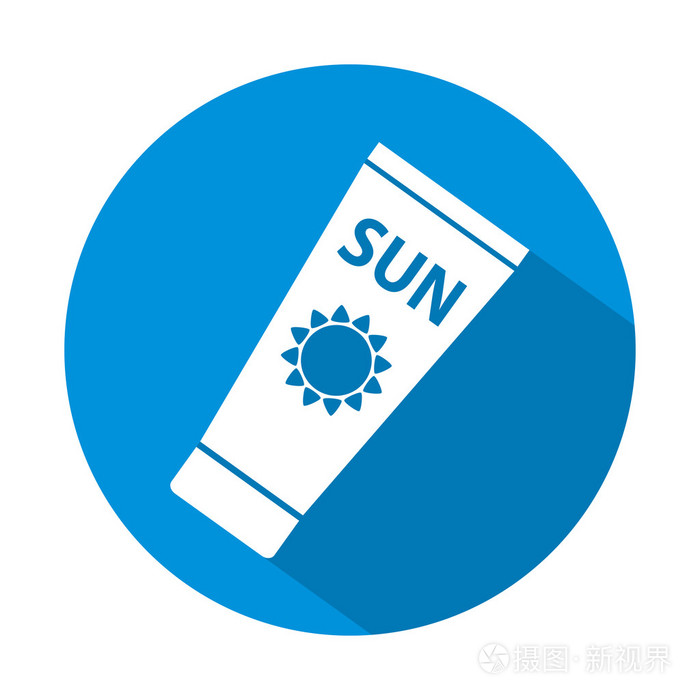 太阳保护.防晒霜管平图标白色颜色与长长的阴影.平面设计风格.矢量图.