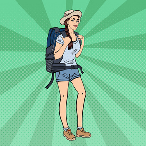 带背包的年轻女人. 女游客背包客. 流行艺术. v.照片
