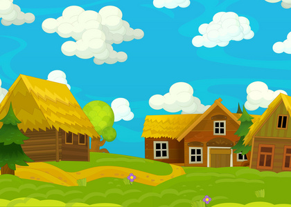 卡通场景的老村庄一个古老的房子的卡通背景草地上的村庄卡通农场场景