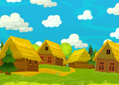 卡通场景的老村庄径向速度线漫画彩色径向速度线图形效果.