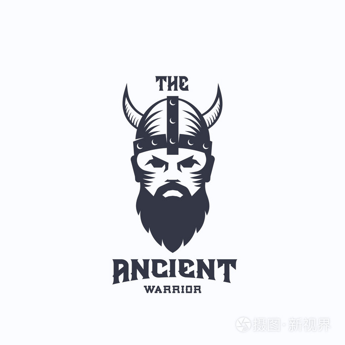 古代武士抽象矢量标志模板.维京人的符号.在牛角头盔的中世纪战斗机.