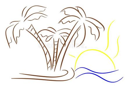 棕榈树 城市 海滩 屋顶 插图 沿海 复古的 风景 艺术