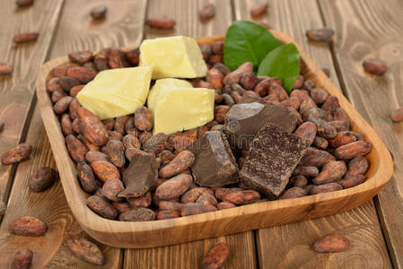 可可豆,可可脂和可可粉照片