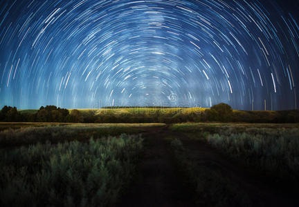 美丽的夜空，银河，星星小径和树木