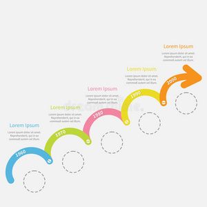 彩色时间线信息向上箭头与破圆圈和文本。 模板。 平面设计。