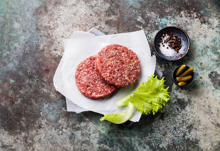 生的 汉堡 纹理 产品 香料 肉排 金属 调料品 复制 汉堡包