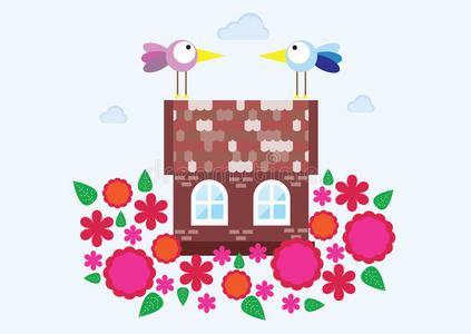 房子 艺术 招呼 花的 卡通 可爱的 插图 邀请 卡片 宝贝