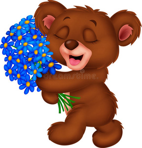 可爱的小熊卡通拿着一束花