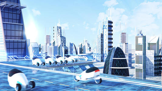 未来科幻城市街景,三维数字渲染插图照片