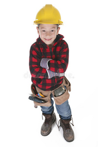 白种人 男孩 演播室 工匠 小孩 可爱极了 工作 贸易 铁锤