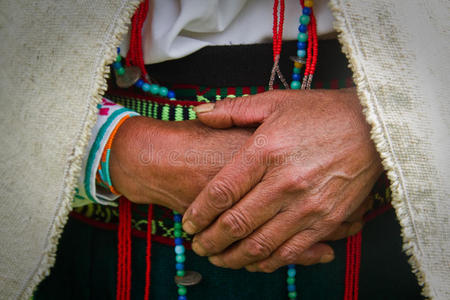 一位土著妇女的手的特写，Chimborazo