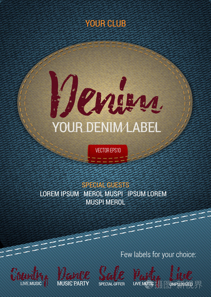 牛仔标签海报或横幅与牛仔布背景矢量与牛仔标签模板标题线程打印