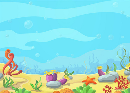 水中的海星浅蓝色背景下的大量贝壳和红色海星水平海洋背景多色的贝壳