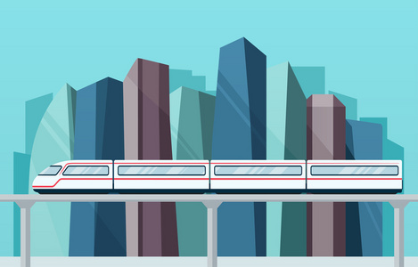对背景下城市轻轨地铁智能城市的摩天大楼照片