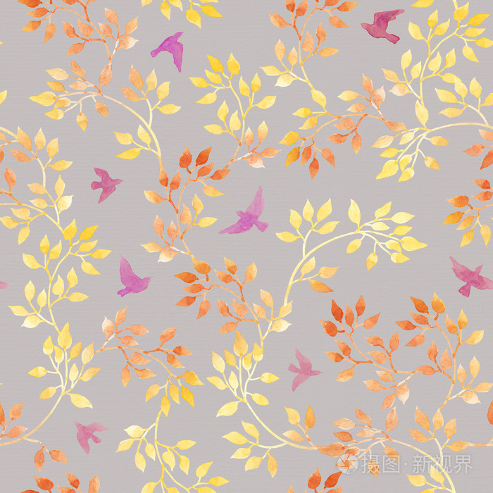 秋天的落叶，可爱的小鸟。水彩的无缝模式，天真设计