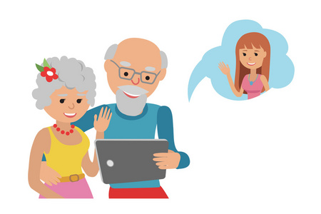 一套可爱的卡通插图. 现代技术有助于日常工作家庭磁带录像呼唤.