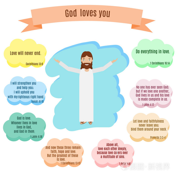 上帝爱你矢量图.微笑着耶稣和圣经引号括起来,关于爱情的诗句