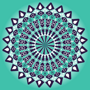 绿色和深紫色曼陀罗内心平衡获取.淡黄色的几何对称圆曼荼罗照片