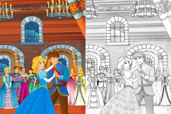 王子和公主在城堡会议厅跳舞