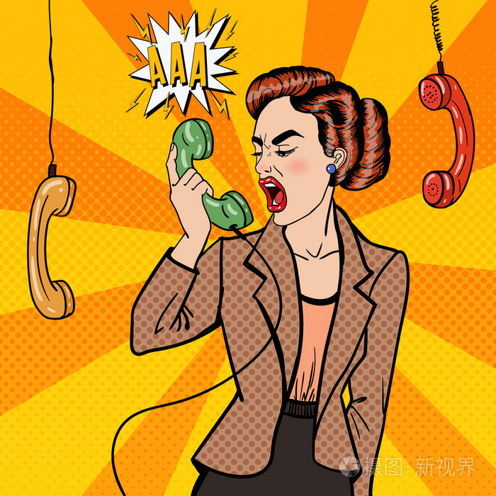 侵略性的业务女人尖叫到手机。波普艺术。矢量图