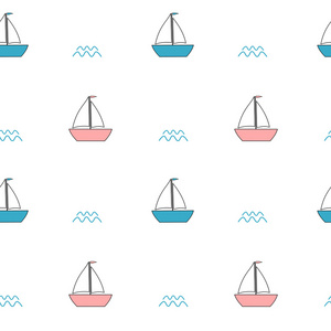 可爱的粉色和蓝色卡通小船无缝矢量模式的背景说明照片