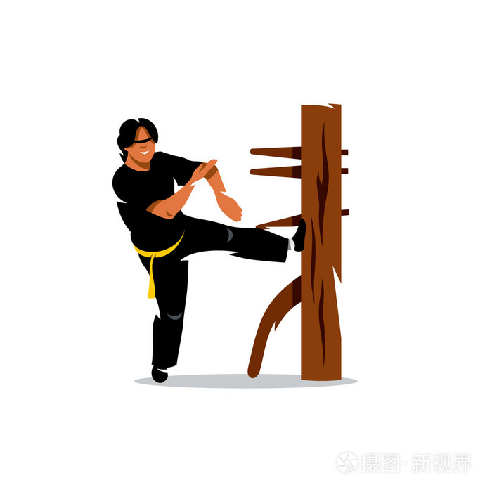 矢量咏春功夫的人在一个木制的假人.卡通插图