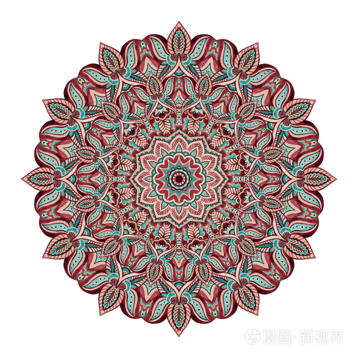 在印度风格的水彩曼荼罗白色背景上孤立的传统花边