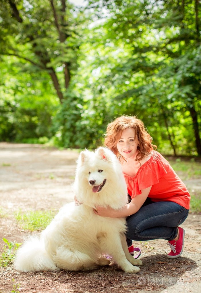萨摩耶德犬品种在公园里的女人