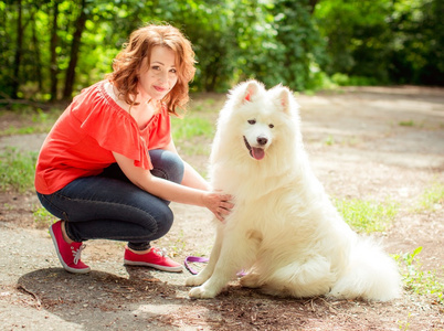 萨摩耶德犬品种在公园里的女人图片