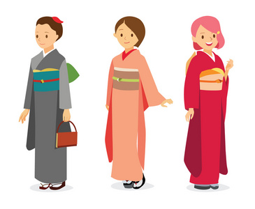 日本和服卡通矢量卡通插图妇女在日本的传统服装和服照片