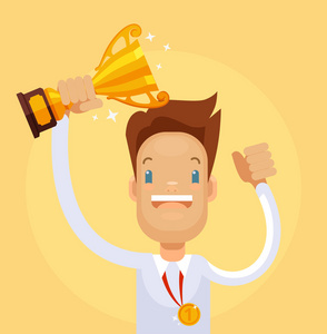 商人的赢家字符举行金杯.矢量平面卡通插画照片