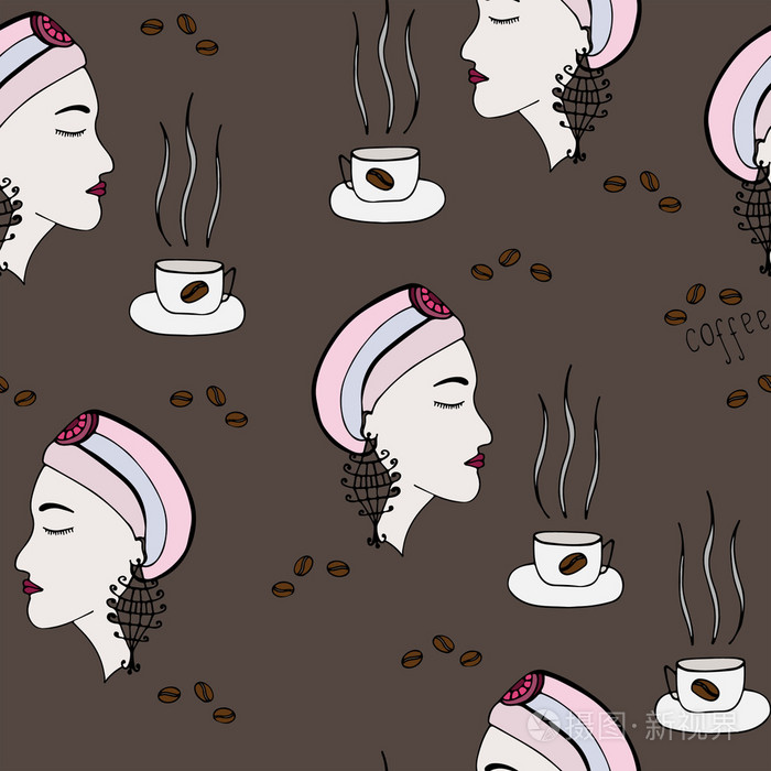 无缝和闻到咖啡的香味的女孩插画-正版商用图片1owoow-摄图新视界