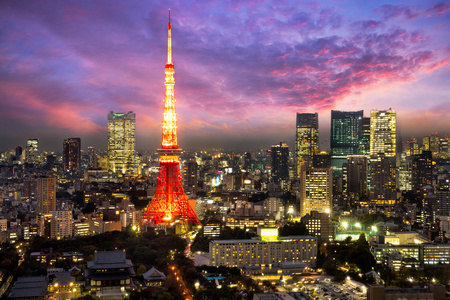 东京城市天际线在日落时图片