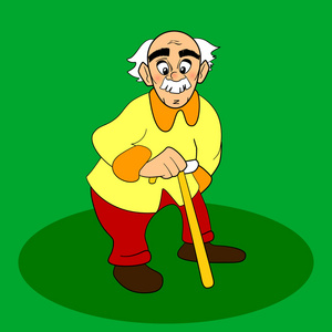 漫画卡通爷爷老人拄着拐杖 walkins.矢量卡通或漫画人物在绿色背景上.