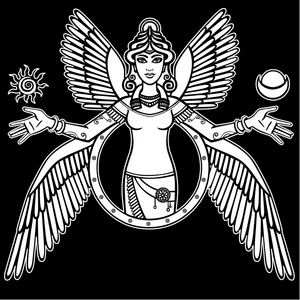苏美尔神话的字符.孤立在黑色背景上的白色剪影照片
