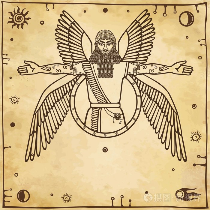 古代亚述翅神 苏美尔神话的字符 背景 仿旧纸 矢量图插画 正版商用图片1oxey2 摄图新视界