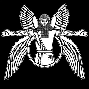 古代亚述翅神.苏美尔神话的字符.线性的白色绘图孤立在黑色背景上.