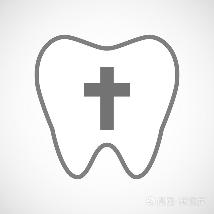 隔离的线艺术牙图标与基督教的十字架