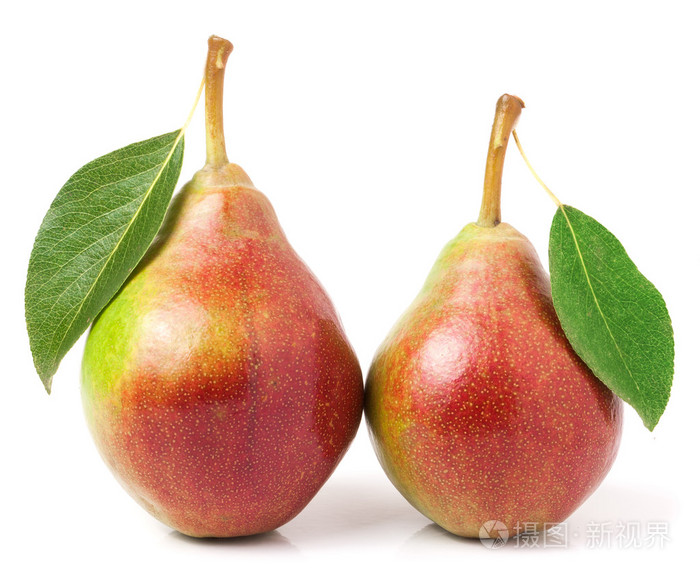 两个红色梨与孤立的白色背景上的叶