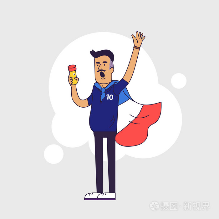 法国国家足球队,体育的球迷.在全国的颜色标志字符.扁线风格设计