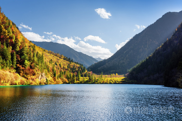 在五彩缤纷的秋天森林中的熊猫湖风景