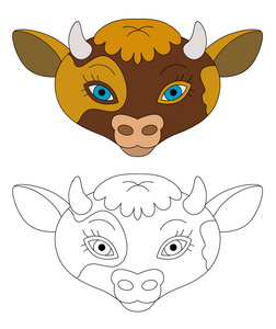 卡通牛脸-分离-与着色页-儿童插画照片