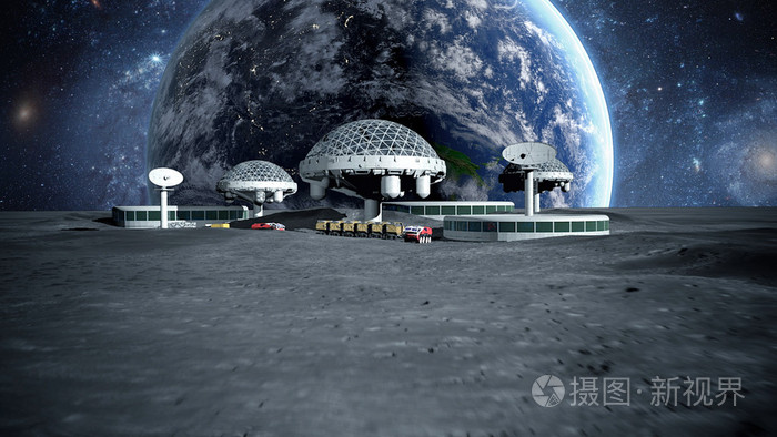 未来的城市在月球上的小镇行星地球空间视图3d渲染