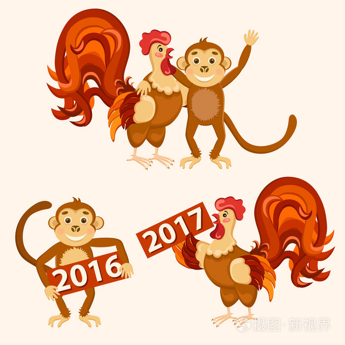 公鸡与猴子套矢量图